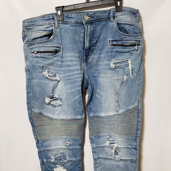 Embellish Mens Moto Biker Denim Skinny Jeans Distressed Blue Paint   SIZE: 44 - Picture 1 of 9
